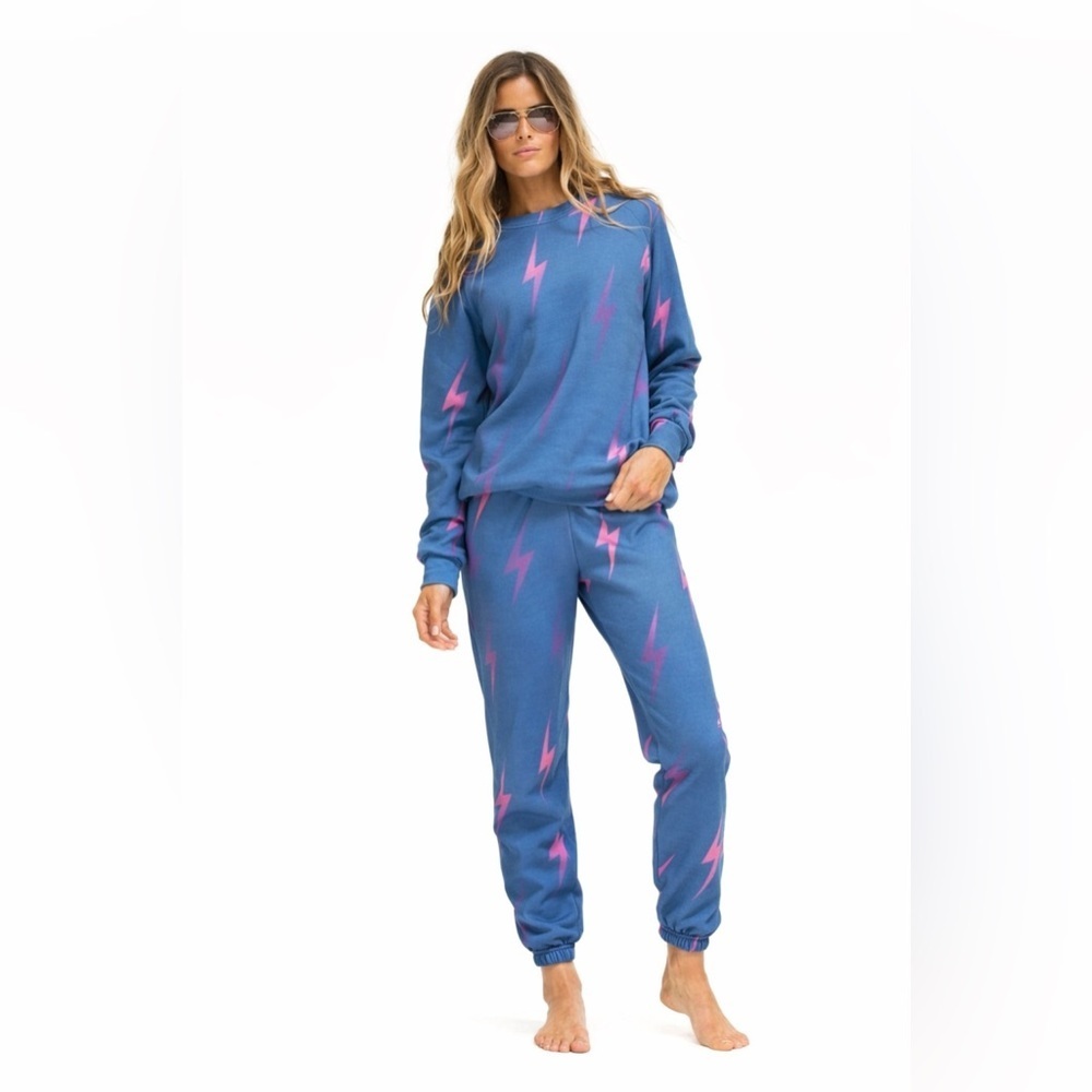 Aviator Nation Blue Pink Repeat Faded Bolt Sweatshirt & Joggers